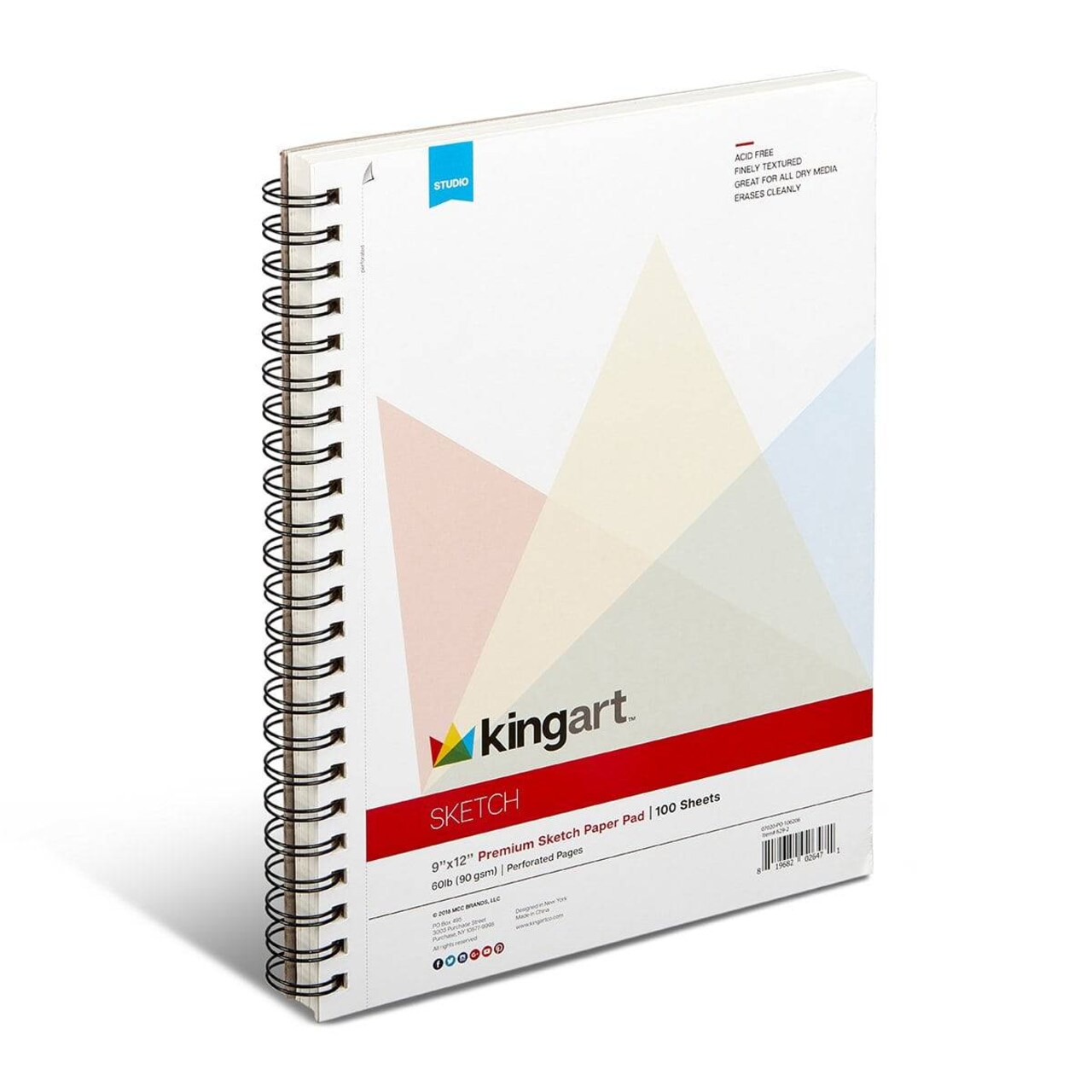 KINGART® Sketch Paper Pad, 9 x 12 Inches, 100-Sheet, 60lb/90gsm, Side Spiral-Bound
